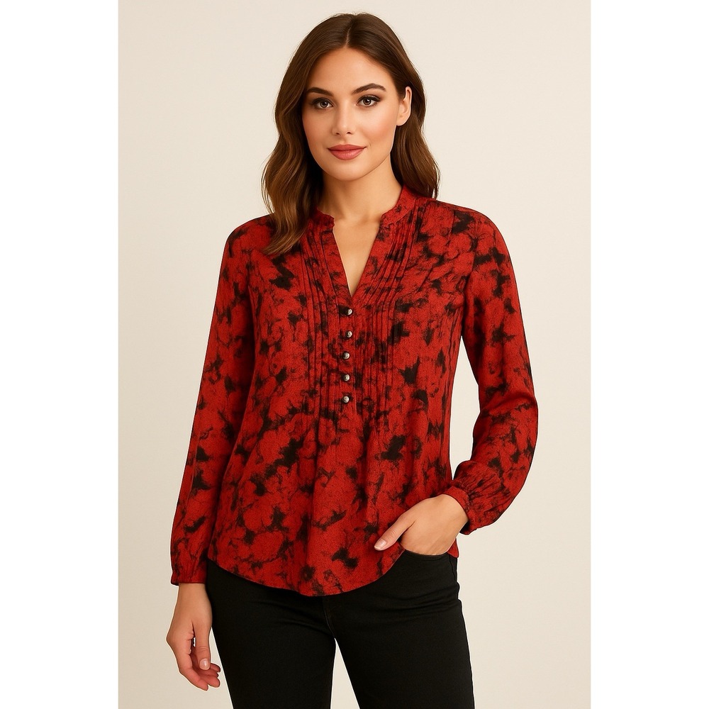 ColdWater Creek Red And Black Floral Pintuck Blouse‎ Size XL 16